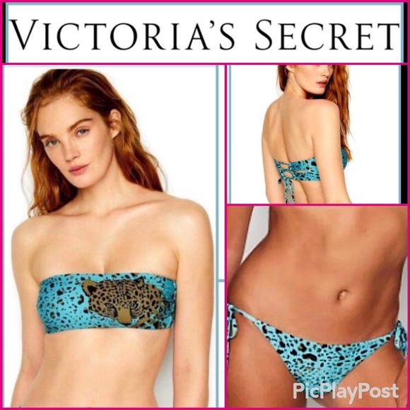 Victoria's Secret Swim Set Strappy Ruched Brazilian Blue Leopard 2 Piece S NEW - Picture 1 of 14